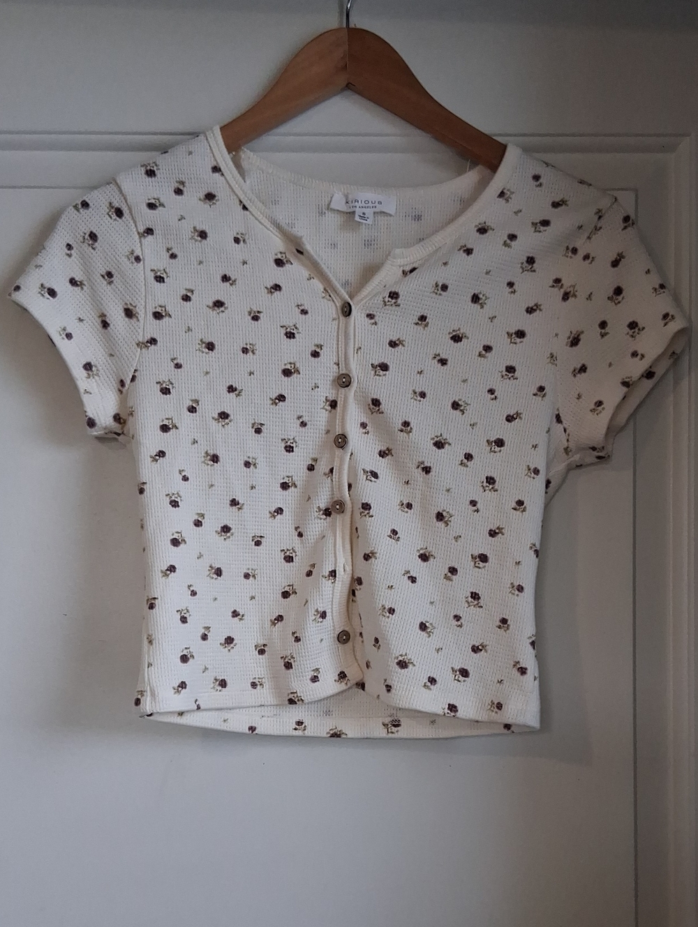 Cream Short-Sleeve Button Front Top with Brown Floral Print